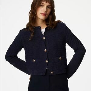 M&S Cotton Blend Textured Knitted Jacket with gold buttons